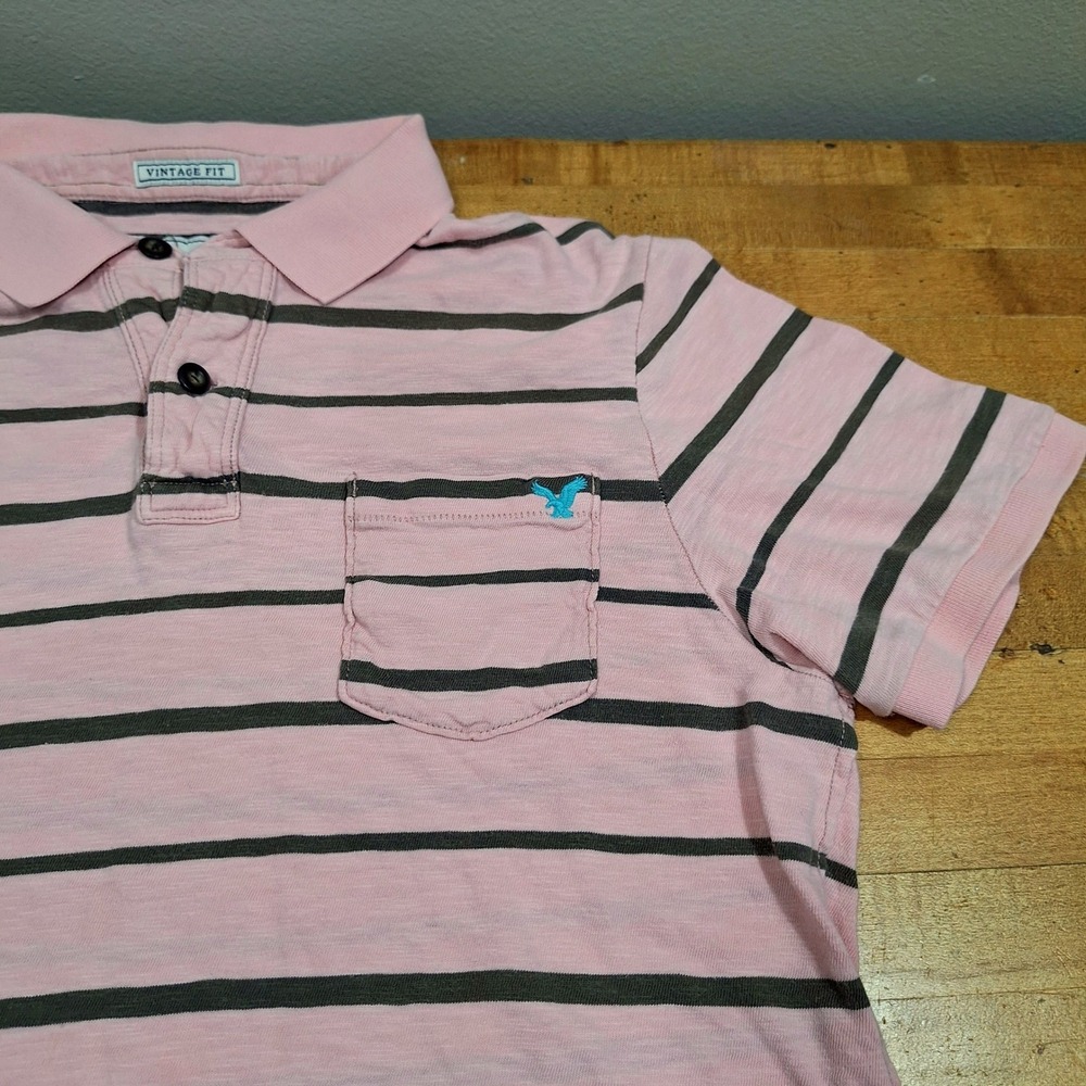 Y2K American Eagle Polo Shirt Mens‎ L Pink Striped Pocket Short Sleeve Fitted